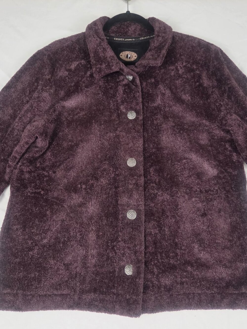 VTG County Clothing Co Faux Fur Teddy Jacket L Purple Velvet Fleece Canada Cozy